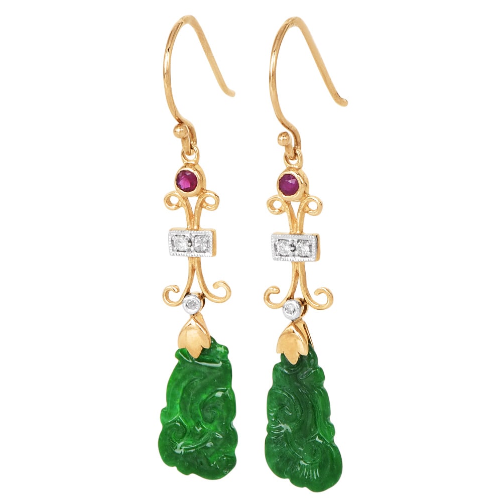 Estate Diamond 3.77ct Ruby Jade 9K Yellow Gold Carved Dangle Drop Earrings (1 of 4)