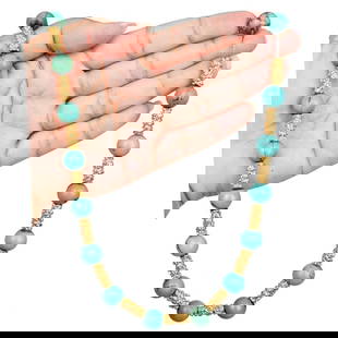 Vintage 12mm Turquoise Bead 18K Yellow Gold Necklace 112 Grams: div style="margin-bottom: 20px;"> Vintage Turquoise Bead Necklace with 18K Yellow Gold Nugget Spacers Product Description: Vibrant and bold, this vintage necklace features rich 12mm natural
