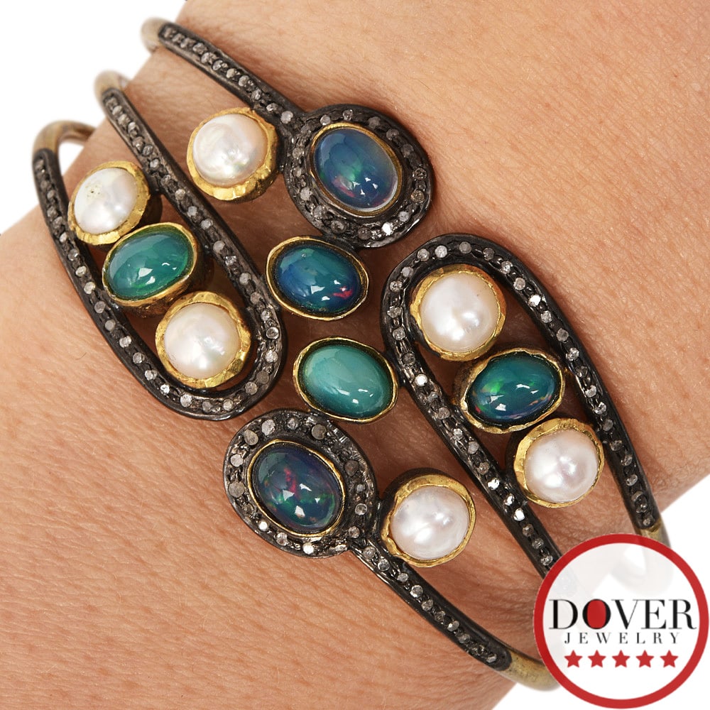 No Reserve Estate Pearl Opal Silver Wide Three Row Bangle Bracelet 32.1 Grams (1 of 4)