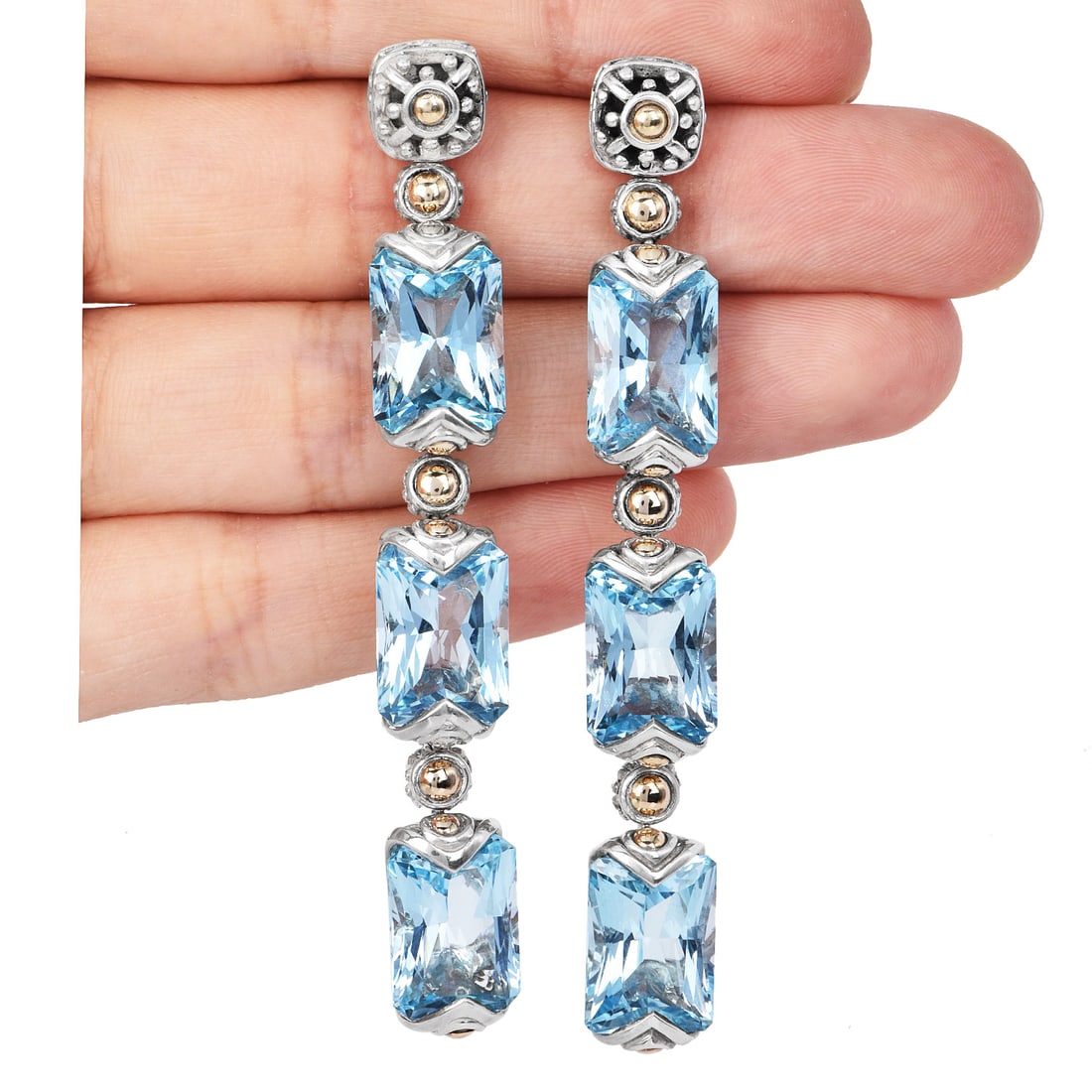 John Hardy Batu Sari Blue Topaz 18K Yellow Gold Sterling Silver Dangle Earrings 29.4 Grams (1 of 5)