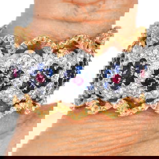 Buccellati Diamond Sapphire Ruby 18K Two Tone Gold Floral Eternity Ring: Buccellati Diamond Sapphire Ruby 18K Gold Floral Eternity Ring SKU: 1210101 Product Description: This captivating vintage Buccellati