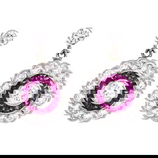 Estate Deco Style Diamond 2.50ct Ruby Platinum Flower Halo Dangle Earrings 5.7 Grams: Art Deco-Inspired Ruby & Diamond Floral Dangle Earrings in Platinum SKU: GR01251109 Product Description: Add a touch of timeless glamour and joyful