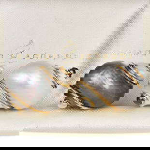 Seaman Schepps Turbo Shell Black and White Pearls 18K Yellow Gold Earrings 26.8 Grams: Seaman Schepps Turbo Shell Black and White Pearls 18K Yellow Gold Earrings SKU: 1245801 Product Description: A bold and sophisticated creation from