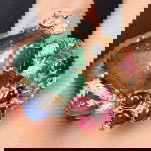 Seaman Schepps Ruby, Emerald, Sapphire & Diamond 18K Yellow Gold Fruitti Tutti Ring 31.9 Grams: Seaman Schepps Multi-Gem Emerald, Ruby, Sapphire & Diamond Ring in 18K Yellow Gold SKU: WD-WYFO-25 Product Description: A bold and iconic design fr