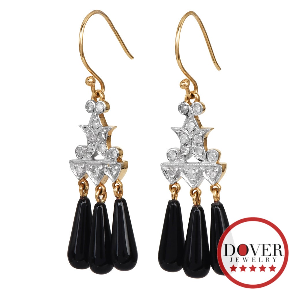 Estate Diamond 4.51ct Onyx 9K Gold Dangle Drop Earrings 5.7 Grams (1 of 4)