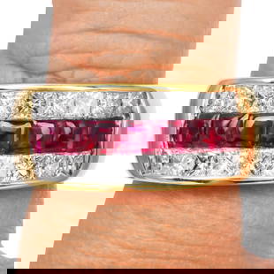 Estate Diamond 2.80ct Ruby 18K Yellow Gold 3 Row Band Ring 10.3 Grams: Estate Diamond 2.80ct Ruby 18K Yellow Gold 3 Row Band Ring Product Description: This luxurious estate 3-row band ring is exquisitely crafted in <