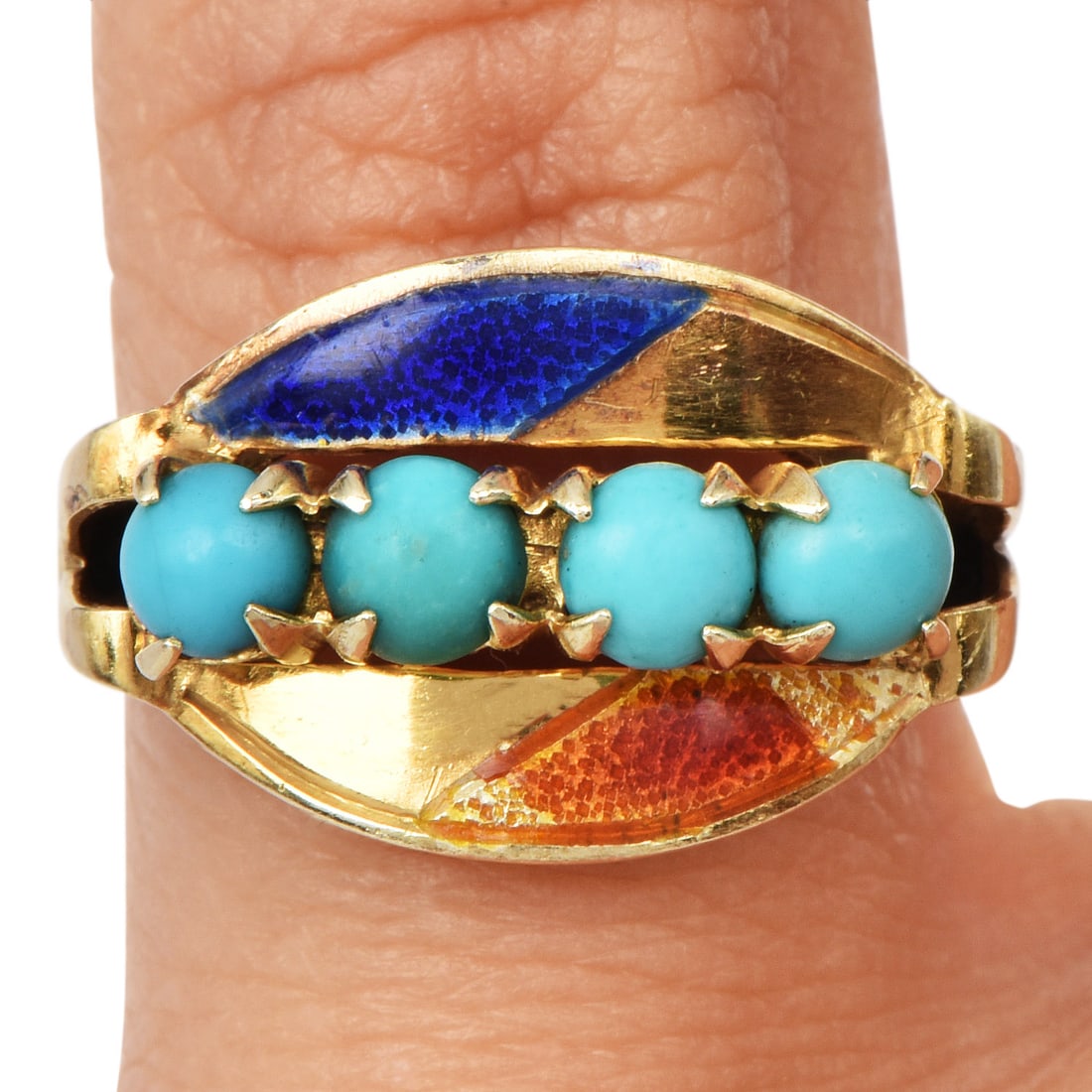 No Reserve Vintage Enamel Turquoise 14K Yellow Gold 4 Stone Band Ring 3.6 Grams (1 of 5)