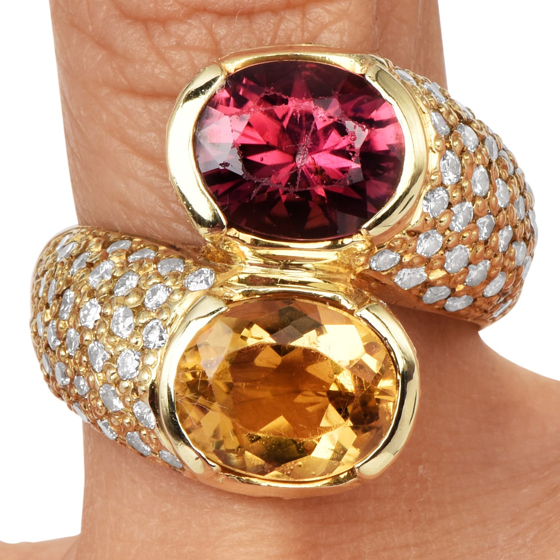 Estate Tourmaline Citrine 9.50 Diamond 18K Yellow Gold Bypass Pave Cocktail Ring 13 Grams (1 of 5)