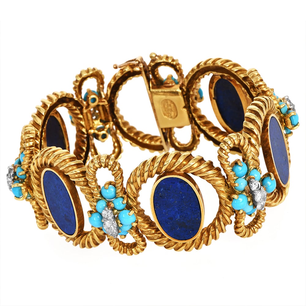Vintage La Triomphe Lapis, Persian Turquoise & Diamond 18k Yellow Gold Wide Bracelet  85.5 Grams (1 of 5)
