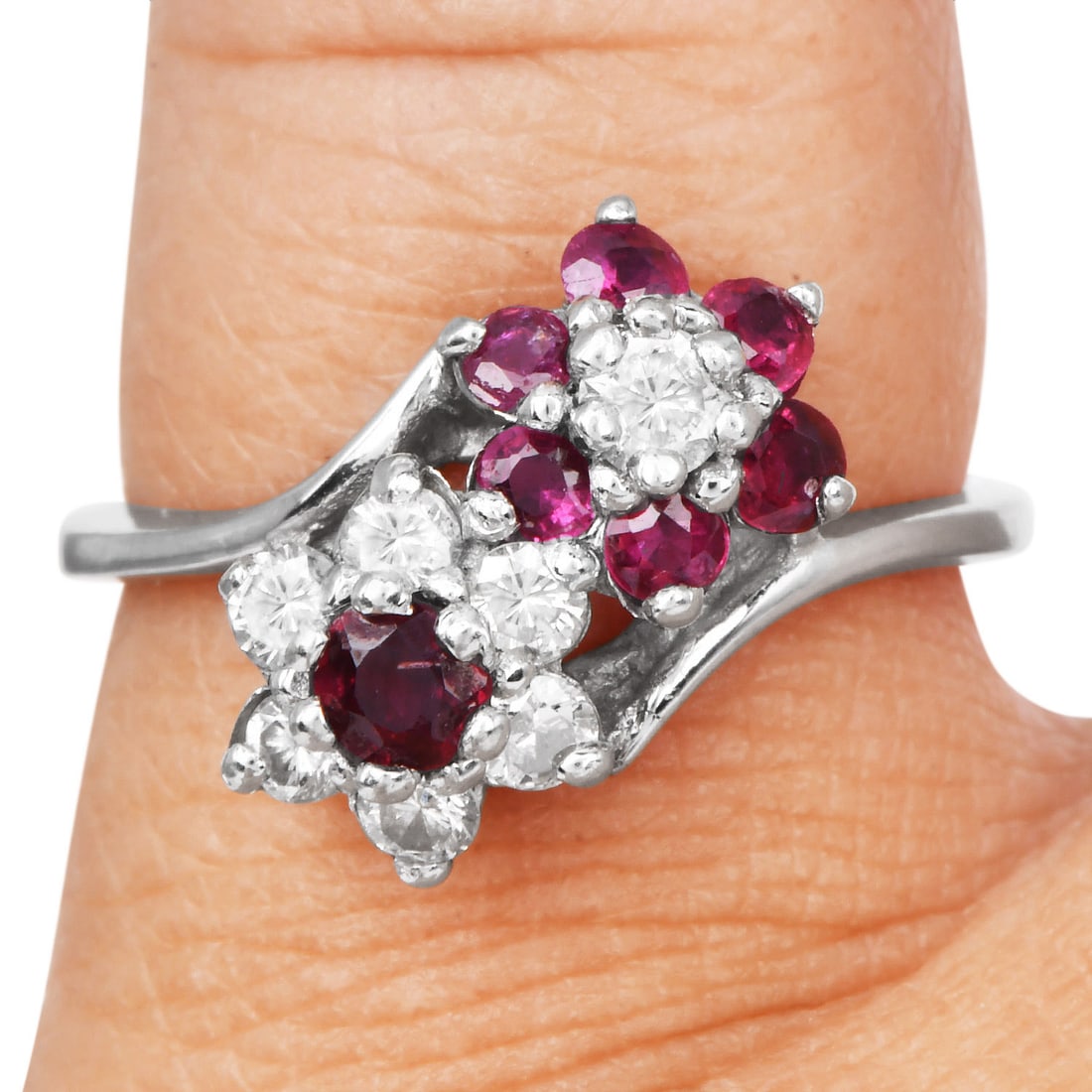 Estate Diamond 0.45ct Ruby 14K White Gold Bypass Flower Band Ring 3.1 Grams (1 of 5)