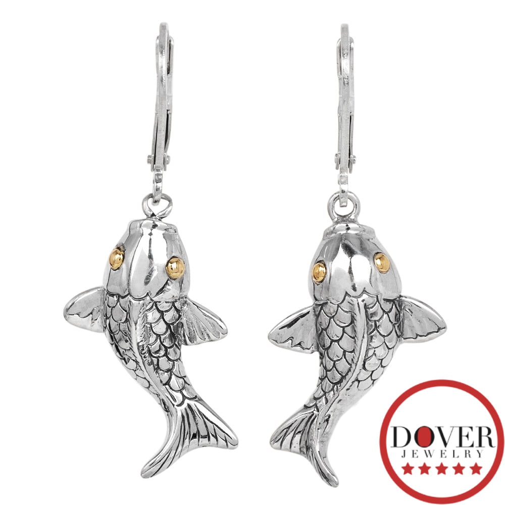 No Reserve Estate 18K Yellow Gold Sterling Silver Scaled Coi Dangle Drop Earrings 4.6 Grams (1 of 5)