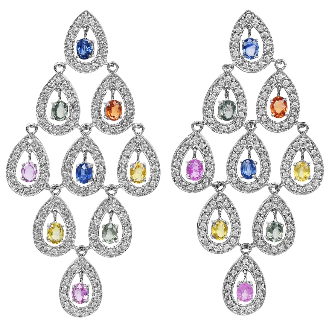 Estate Diamond 9.00ct Multi-Color Sapphire 18K White Gold Dangle Chandelier Earrings 19 Grams (1 of 5)