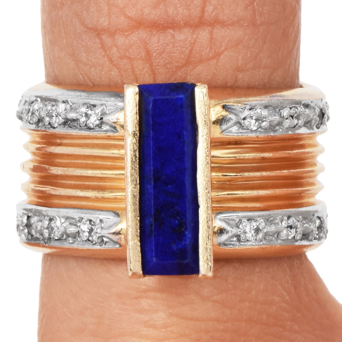 Erte Diamond Lapis 14K Yellow Gold Band Ring 15.7 Grams: Erte Diamond Lapis 14K Yellow Gold Band Ring Product Description: A rare and collectible Erte designer band ring, masterfully crafted in