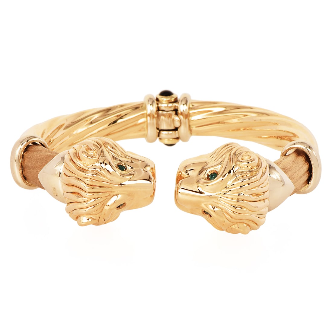 Italian Emerald 14K Yellow Gold Dual Lion Head Hinge Cuff Bangle 28.7 Grams (1 of 3)