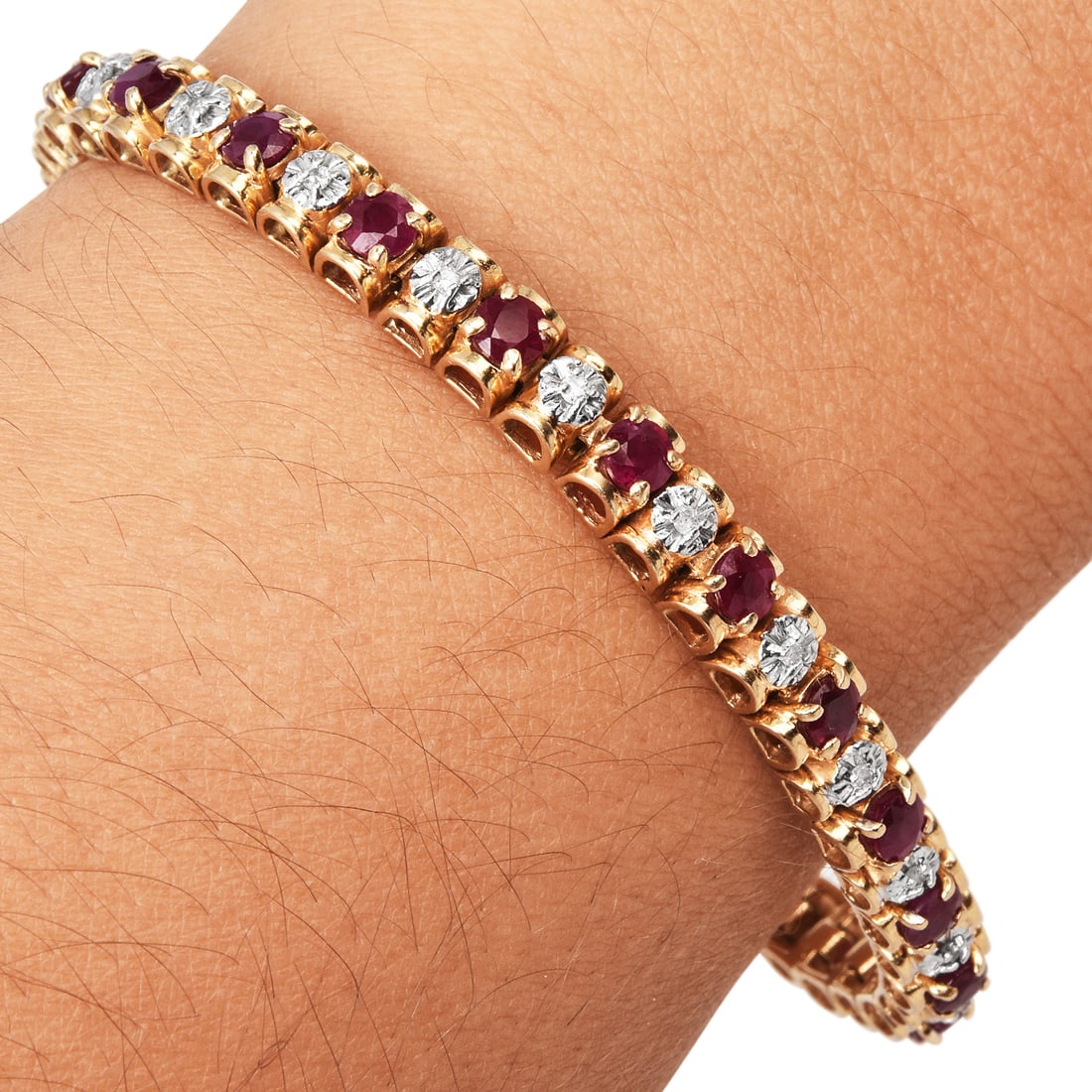 No Reserve Estate Ruby 2.90ct Diamond 14K Yellow Gold Alternating Line Bracelet 17 Grams (1 of 5)