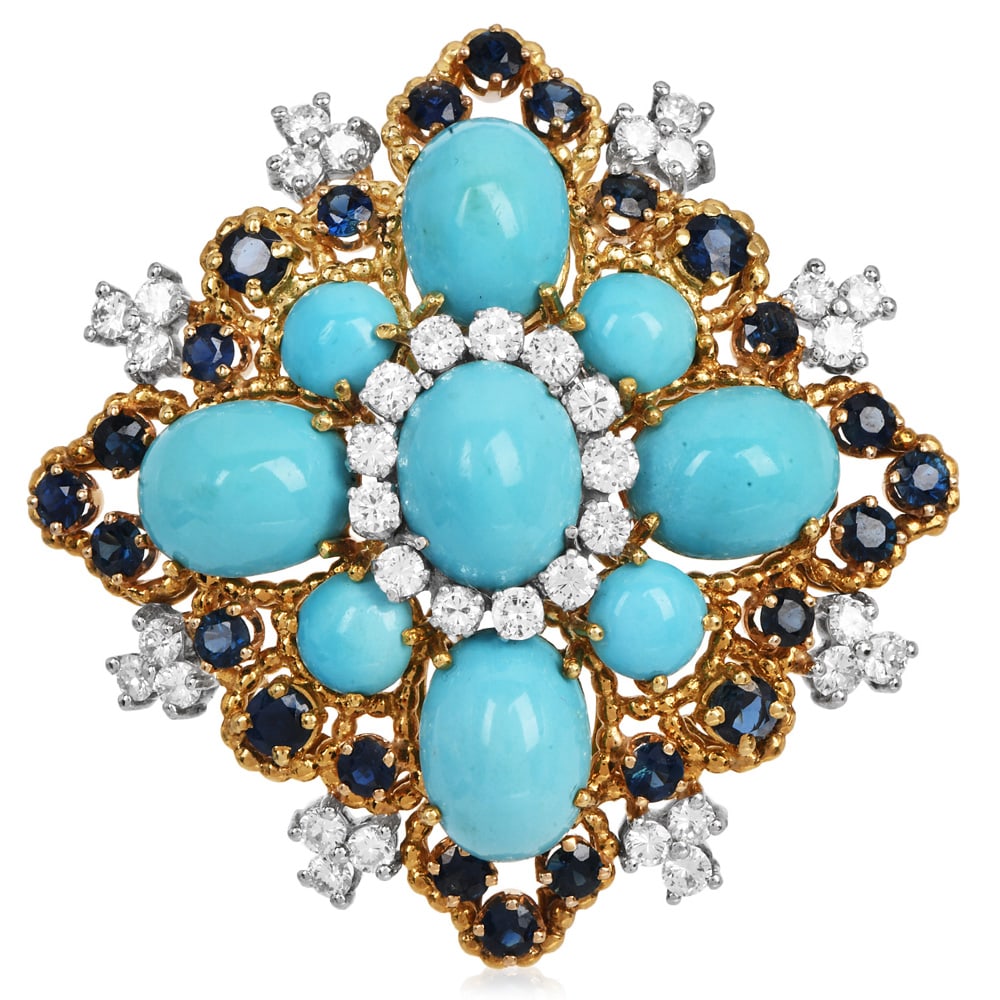 Vintage 1960s GIA Turquoise, Diamond & Sapphire 18K Yellow Gold Brooch Pin 37.2 Grams (1 of 6)