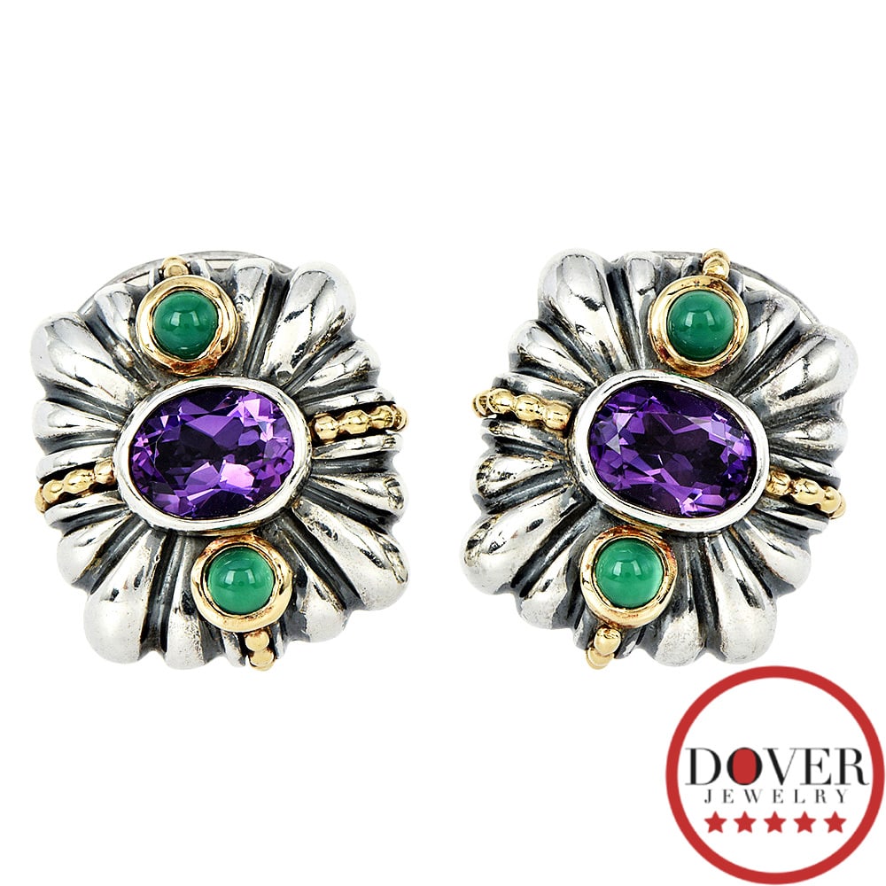 Lagos Caviar Amethyst Chalcedony 14K 18K Gold Silver Stud Earrings 23.2 Grams (1 of 6)