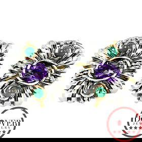 Lagos Caviar Amethyst Chalcedony 14K 18K Gold Silver Stud Earrings 23.2 Grams: Lagos Caviar Amethyst & Chalcedony 18K Gold & Silver Stud Earrings SKU: ERJE-170 Product Description: A striking pair from Lagos? renowned