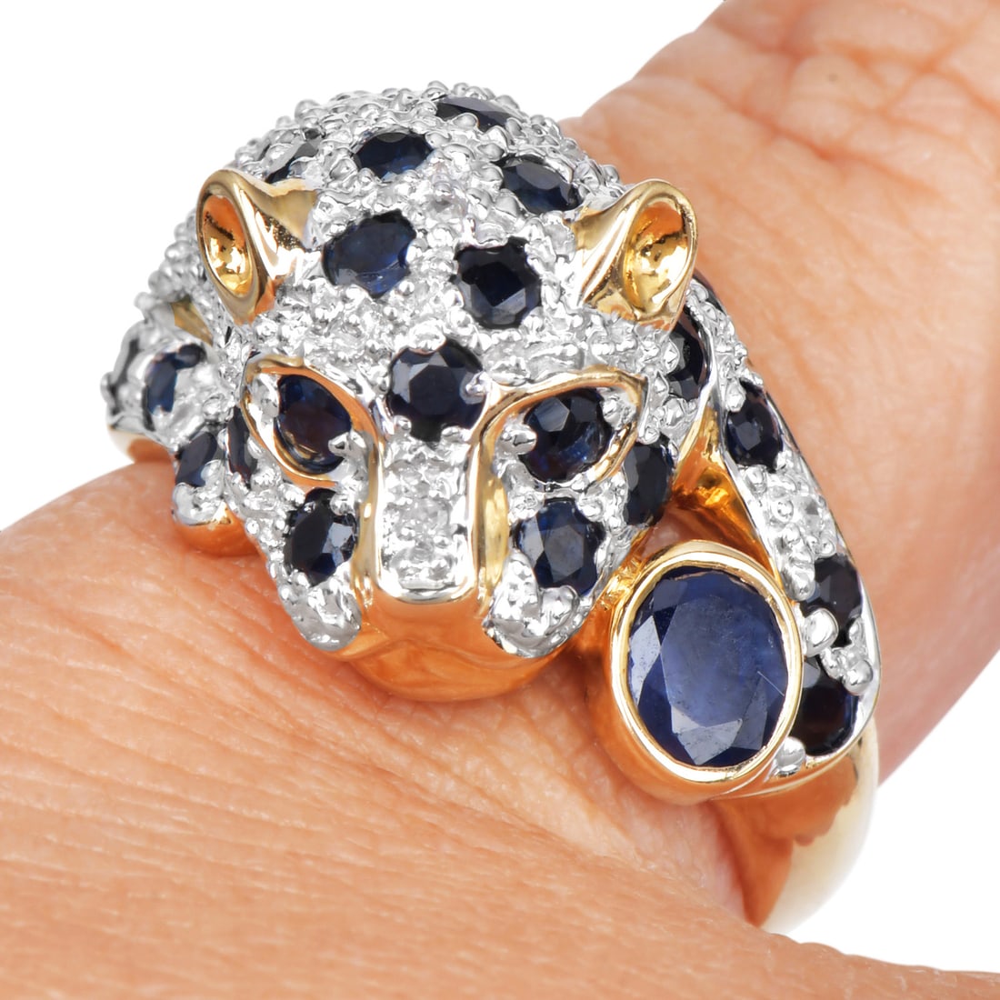 Panther Diamond Sapphire 14K Two-Tone Gold Panther Head Ring 6.2 Grams (1 of 6)