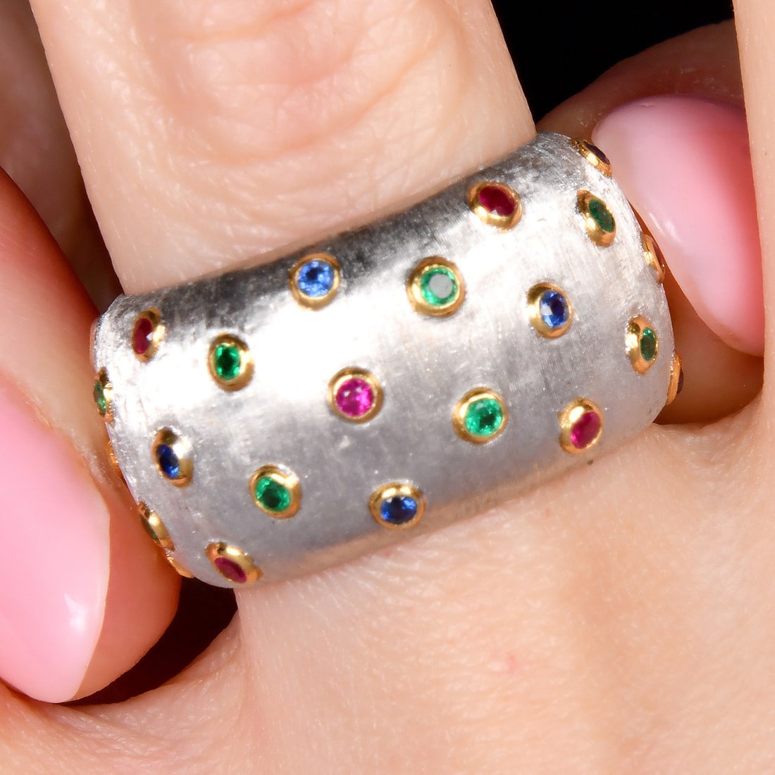 Buccellati Sapphire, Ruby Emerald 18K White Gold Eternity Wide Band 9.2 Grams (1 of 5)