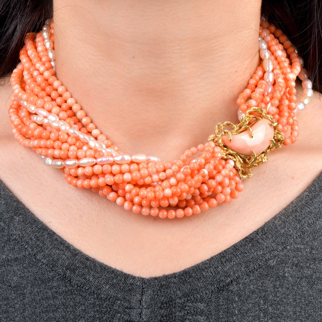 Arthur King Coral Cultured Pearl 18K Yellow Gold Multi Strand Necklace 248.9 Grams (1 of 7)