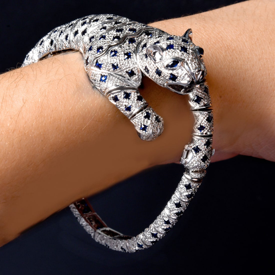 Panther Diamond Sapphire 18K White Gold Brooch & Bangle Bracelet 57.5 Grams (1 of 8)