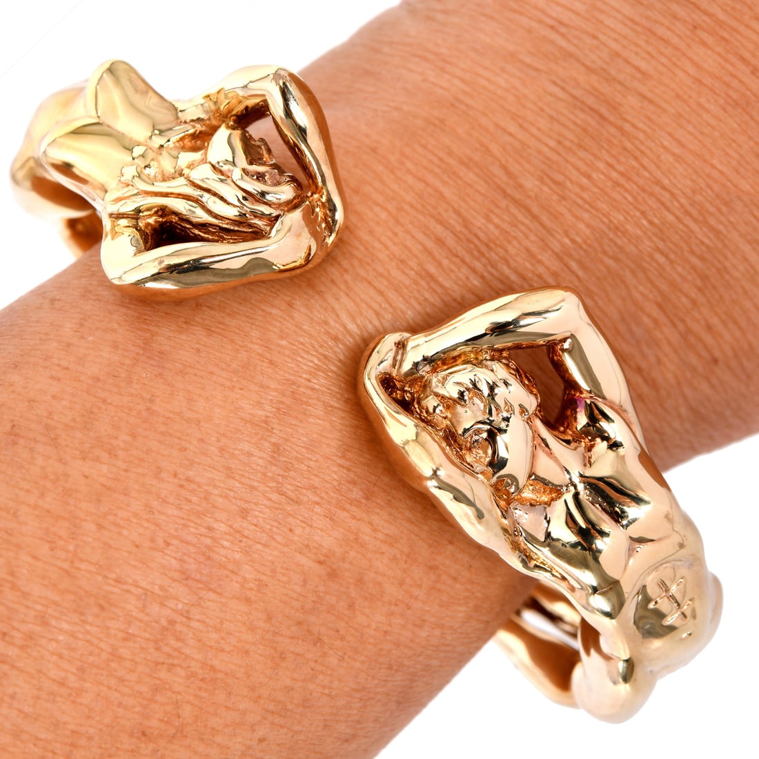 Italian 18K Yellow Gold Naked Woman Man Open Cuff Bracelet 19.1 Grams (1 of 7)