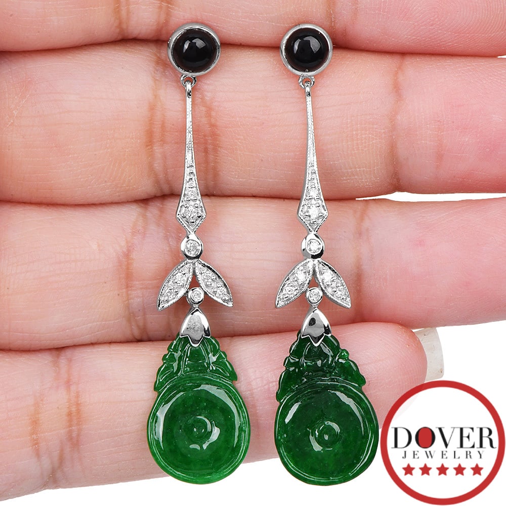 Estate Diamond Onyx 6.20ct Jade 9K White Gold Carved Dangle Drop Earrings (1 of 4)