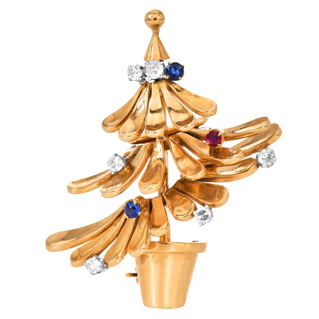 Vintage Sapphire Diamond 18K Yellow Gold Christmas Tree Brooch Pin 8.7 Grams (1 of 5)