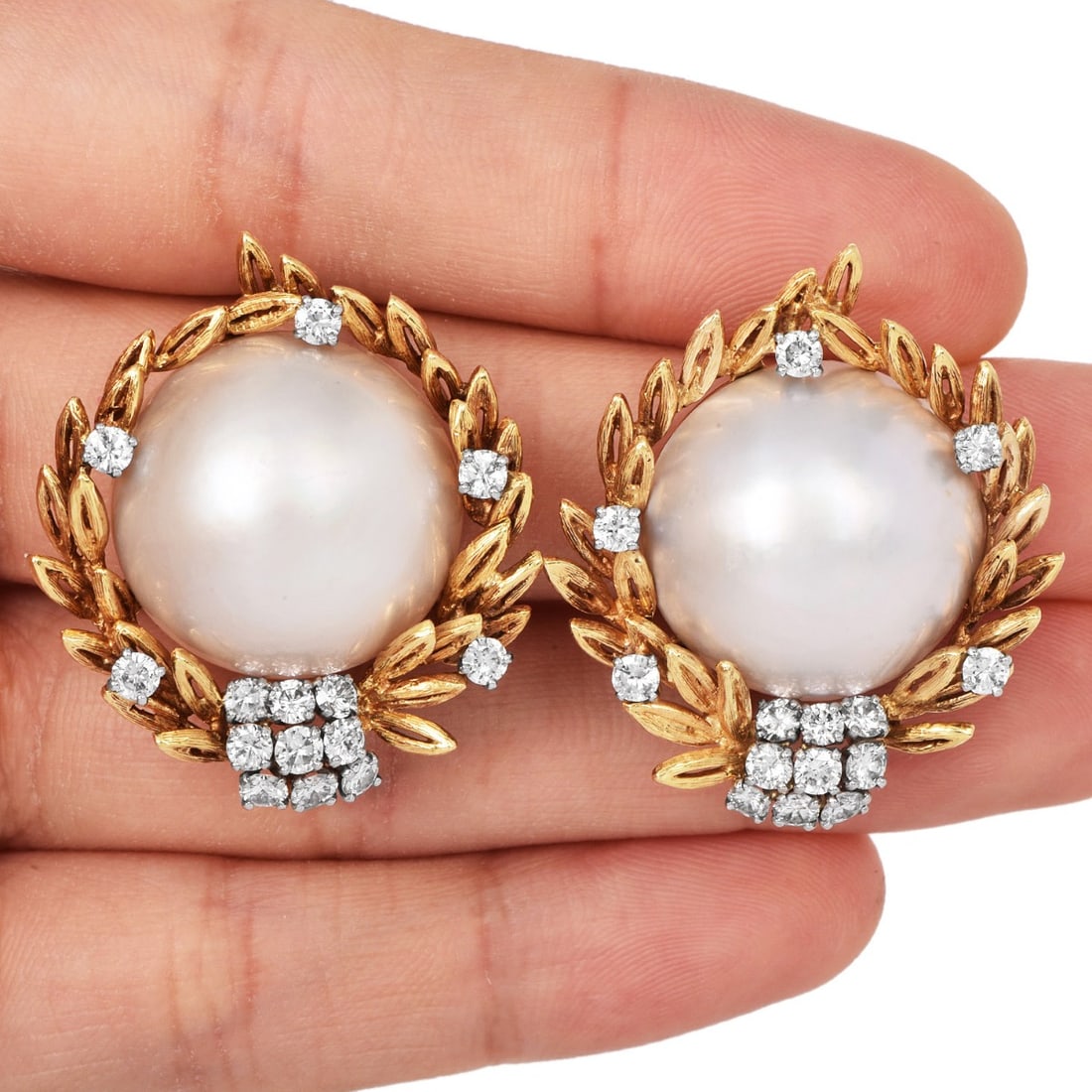 Vintage Mabe Pearl 1.50ct Diamond 18K Yellow Gold Clip Earrings 24.8 Grams (1 of 5)