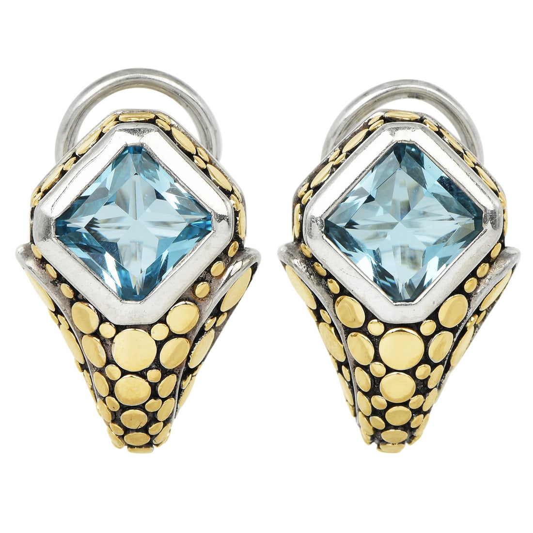 Vintage John Hardy Topaz 18K Yellow Gold & Sterling Silver Dots Design Huggie Earrings 12.5 Grams: Vintage John Hardy Topaz 18K Yellow Gold & Sterling Silver Dots Design Huggie Earrings Product Description: A sophisticated creation from the renowned house of John