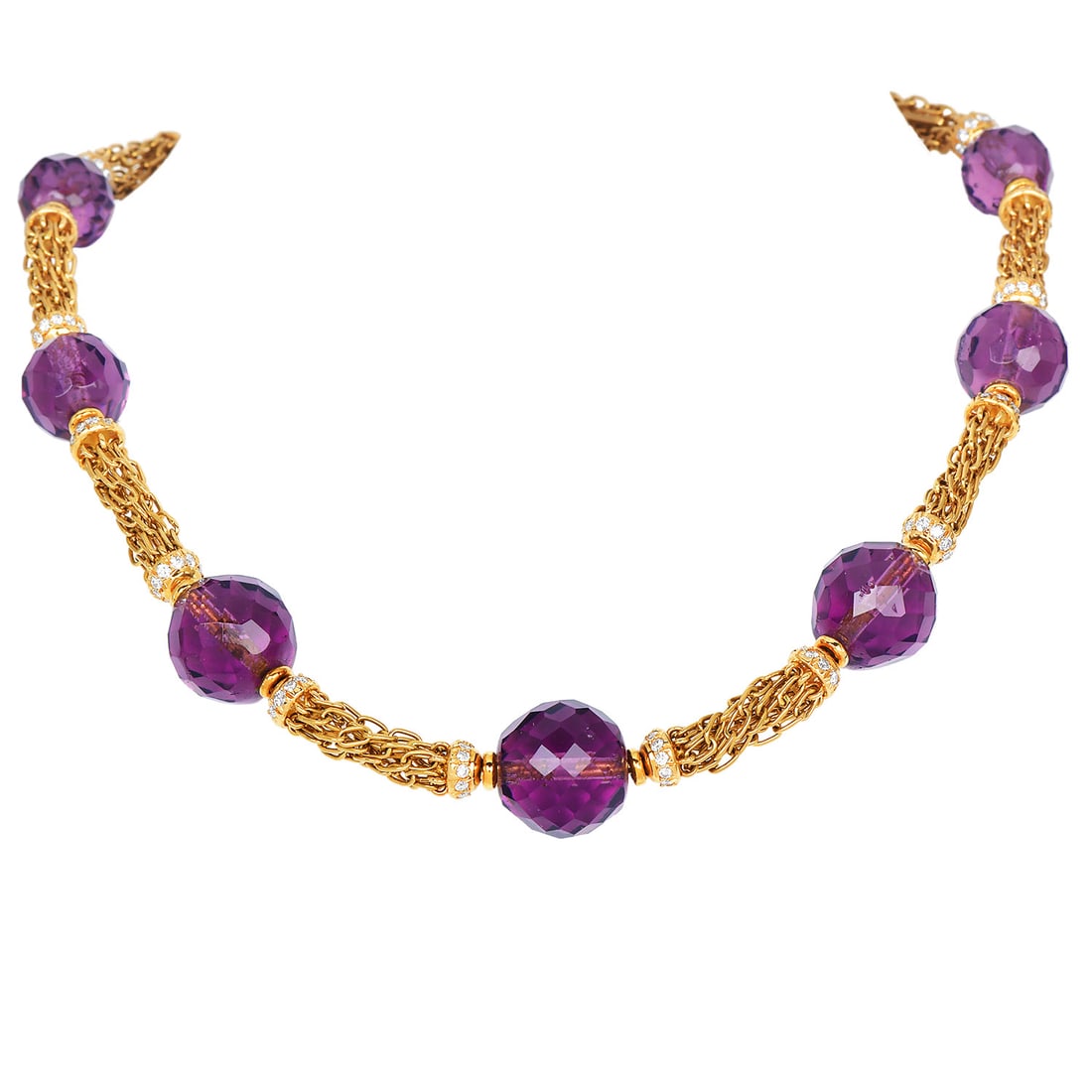 Vintage Bulgari 18K Yellow Gold Bvlgari Amethyst 77.25ct Diamond Necklace 71 Grams: Unique Vintage 18K Bvlgari Amethyst & Diamond Necklace Designer: Bvlgari Era: Circa 1980s Material: 18 Karat Yellow Gold SKU: RAWE-02 Rare and exceptional v