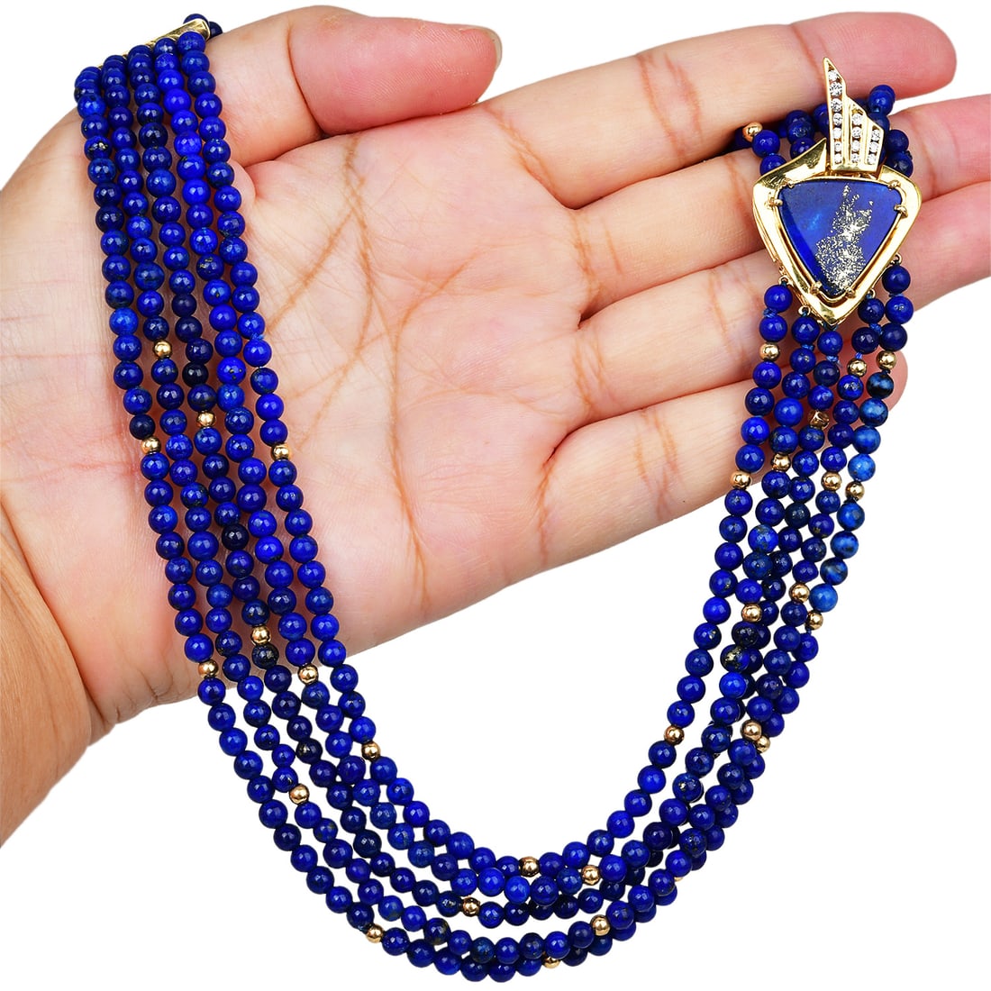 David Stern Lapis Lazuli Diamond 18K Yellow Gold Five-Strand Necklace 62 Grams: David Stern Lapis Lazuli & Gold Five-Strand Necklace Description: This elegant David Stern necklace features a refined five-strand design composed of richly colore