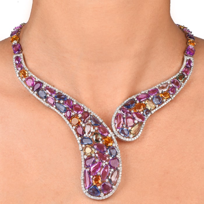 Multicolor Natural No-Heat GIA Sapphire 147.80ct Diamond 18K White Gold Necklac 75.3 Grams: GIA Certified Multicolor Sapphires in an exquisite modern bypass necklace. Set exquisite 18K White Gold necklace is covered in multicolor. NO HEAT GIA