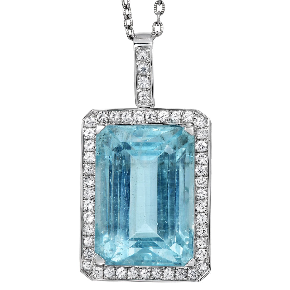 Aquamarine 50.35ct Sapphire 14K White Gold Drop Pendant 18 Grams: Item: Aquamarine, Sapphire & 14K White Gold Pendant Description:Pendant crafted in 14 karat white gold, featuring an emerald-cut aquamarine weighing approximately 48.00 carats. The center stone measur