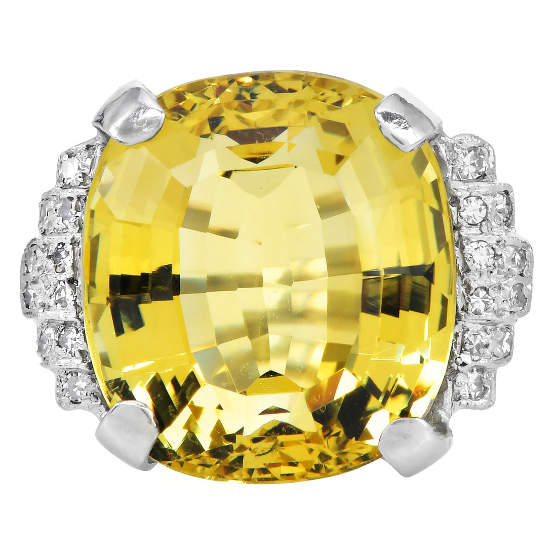 GIA Diamond 18.80ct Yellow Beryl Platinum Cocktail Ring 13.2 Grams: Item: GIA Certified Golden Beryl, Diamond & Platinum Cocktail Ring Description:Striking cocktail ring crafted in platinum, featuring a GIA-certified natural golden (yellow) beryl weighing approximatel