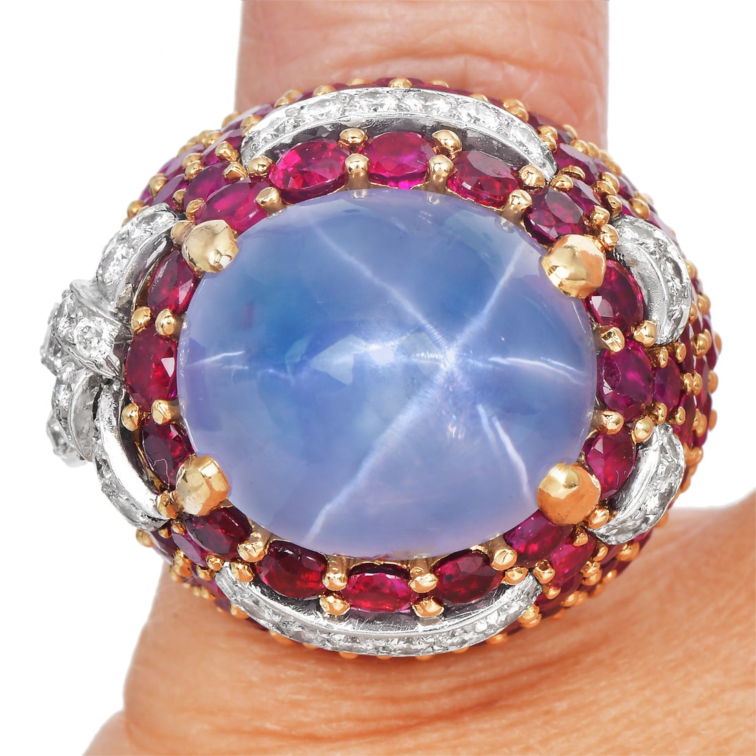 Star Sapphire 34.15ct Ruby Diamond Bombe 18K Yellow Gold Ring 29.02 Grams (1 of 5)