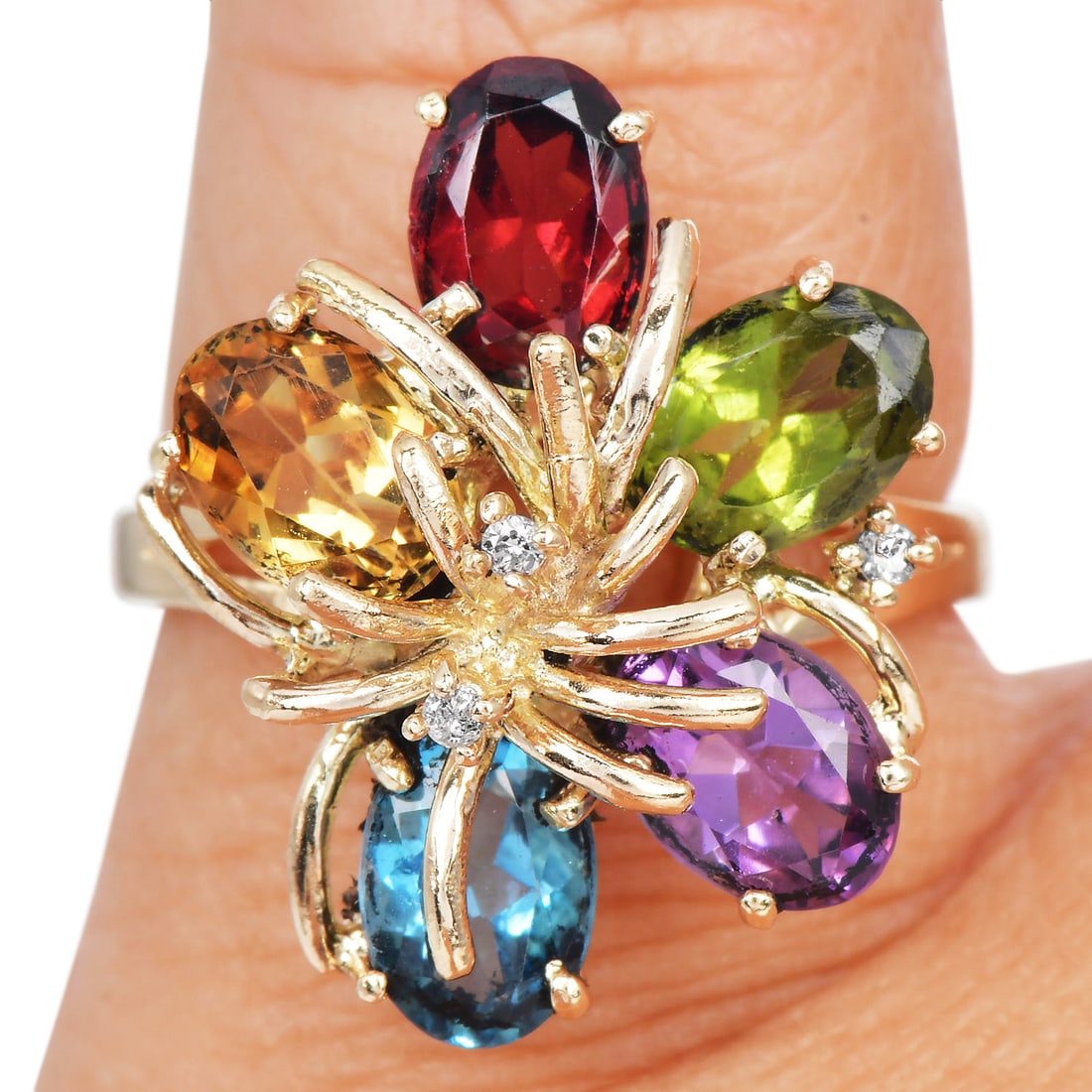 Bellari Multi-Gemstone Diamond 14K Yellow Gold Cocktail Ring: Item: Bellari Multi-Gemstone Diamond Cocktail Ring Description:Cocktail ring by Bellari crafted in 14 karat yellow gold, set with five oval-cut gemstones including citrine, amethyst, topaz, and garnet