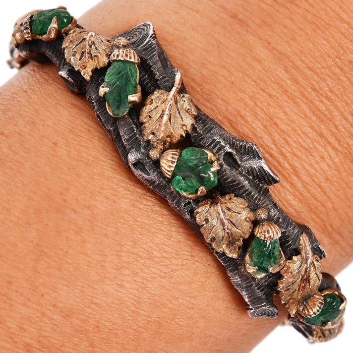 M. Buccellati Vintage Carved Emerald 18K Gold Silver Wine Leaf Bangle Bracelet 60.7 Grams (1 of 5)
