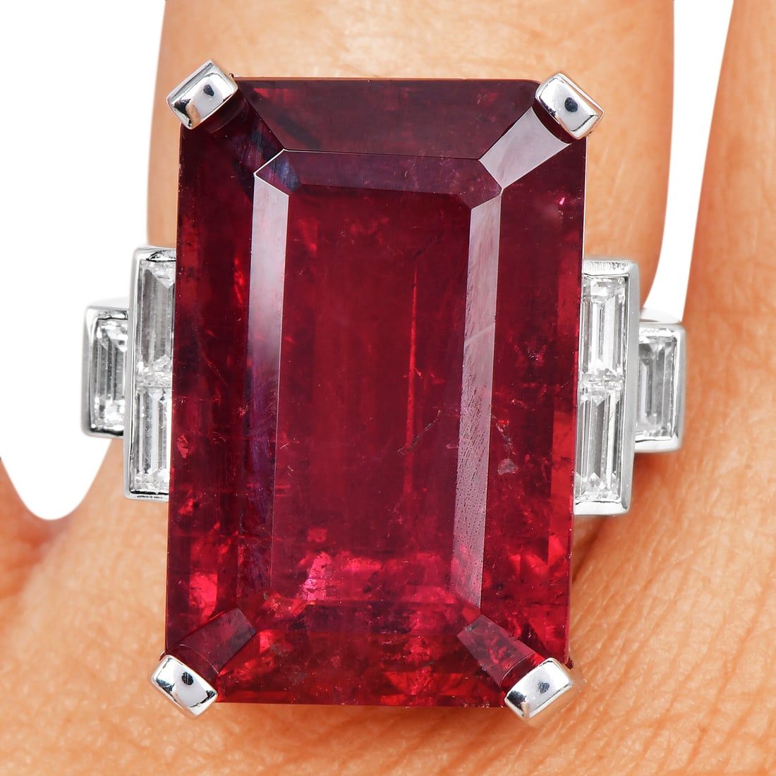 Rubellite 28.40cts Diamond Platinum Cocktail Ring 22.19 Grams: Item: Rubellite, Diamond & Platinum Ring Description:Ring crafted in platinum, centering a substantial emerald-cut rubellite weighing approximately 27.5 carats. The center stone measures approximately