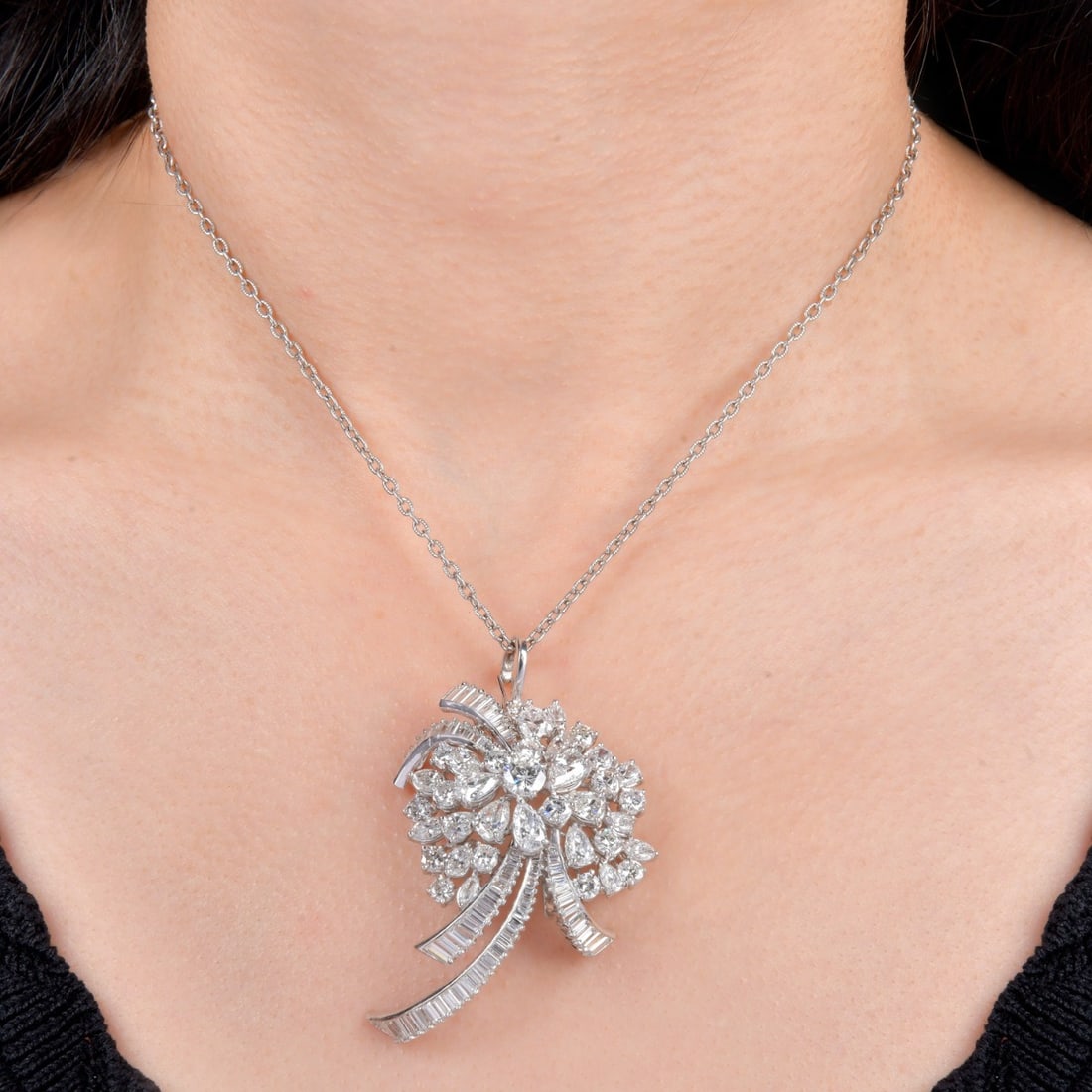 Vintage 10.50 carats Diamond Platinum Spray Pin Pendant 24.4 Grams: This exquisite platinum diamond spray pin pendant showcases exceptional craftsmanship and brilliance. Designed as an elegant floral burst, the piece features approximately 10.50 carats of mixed-cut di