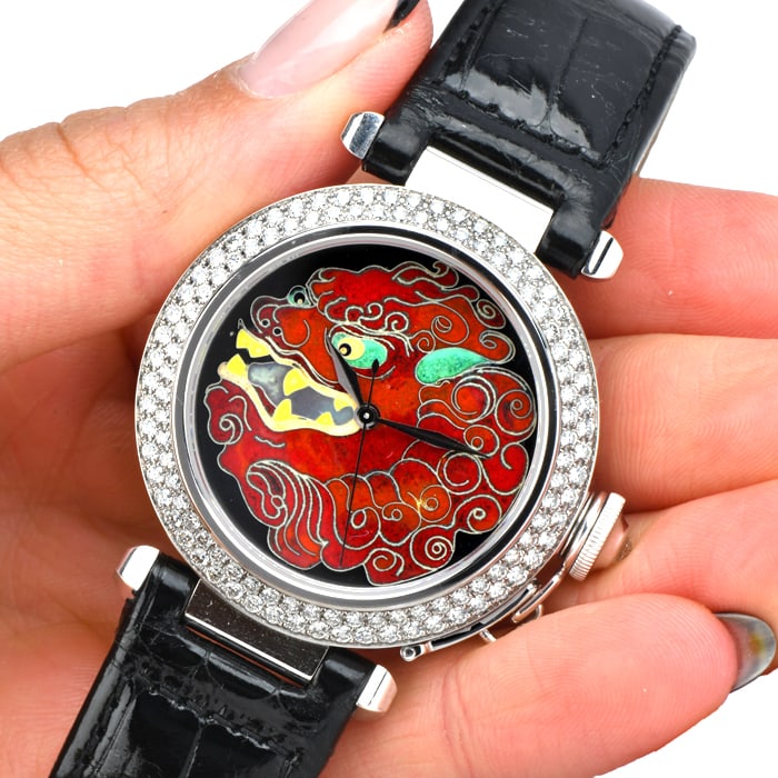 Cartier Pasha 2495 Chinese Guardian Dragon Cloisonn Diamond 18K White Gold Watch: Highly Collectible Cartier Pasha Dragon Reference 2495, Automatic Watch This exceptional watch is a limited edition white gold and diamond-set wristwatch with a cloisonn? enamel dial de