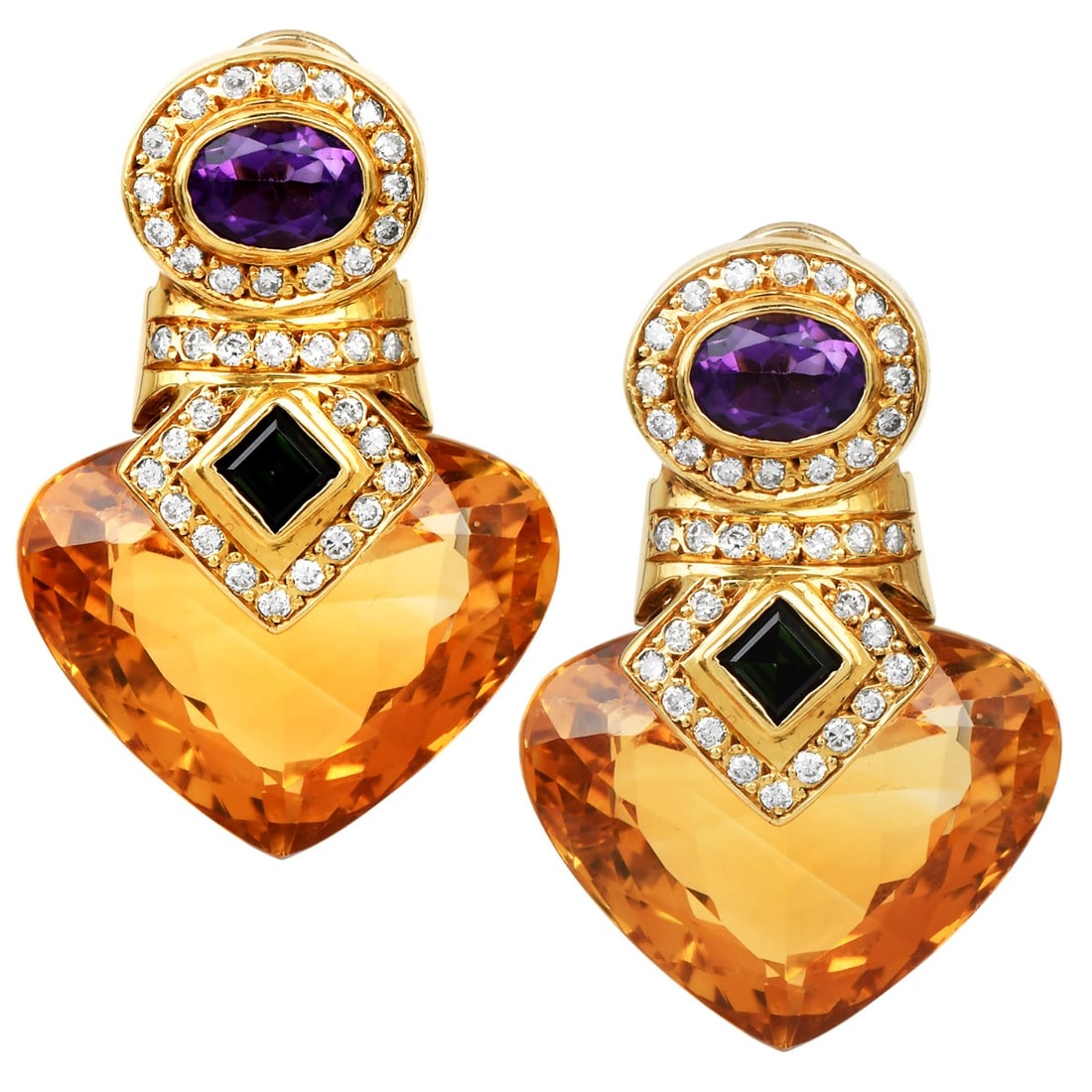 Estate Citrine Multi Gem Heart 18K Gold Statement Drop Earrings 27.5 Grams (1 of 4)