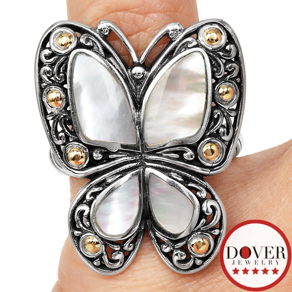 Estate Mother of Pearl Silver 18K Gold Butterfly Statement Ring 9.7 Grams NR: Item: Estate Mother of Pearl, Silver & 18K Gold Butterfly Statement Ring Description:Estate statement ring designed in a butterfly motif, crafted in silver with 18 karat yellow gold accents. The ring