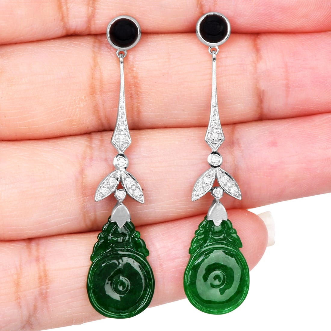 Estate Diamond Onyx 6.20ct Jade 9K White Gold Carved Dangle Drop Earrings (1 of 5)