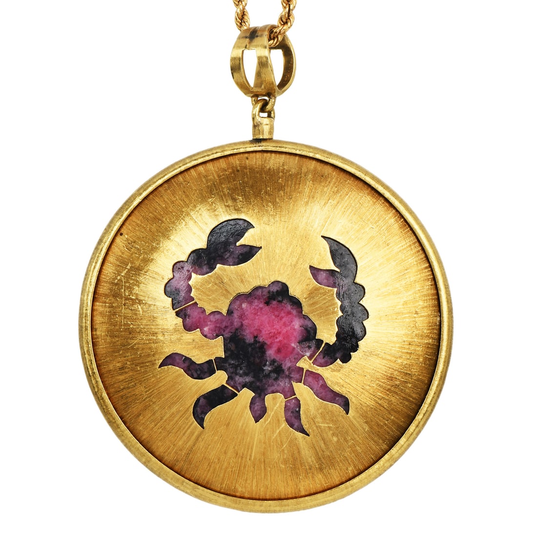 Vintage Buccellati Zodiac 18K Yellow Gold Cancer & Pisces Pendant 97.1 Grams: Vintage Buccellati Zodiac 18K Yellow Gold Pendant Rhodochrosite center stone. Crab for Cancer on one side; Two Fish for Pisces on the other.