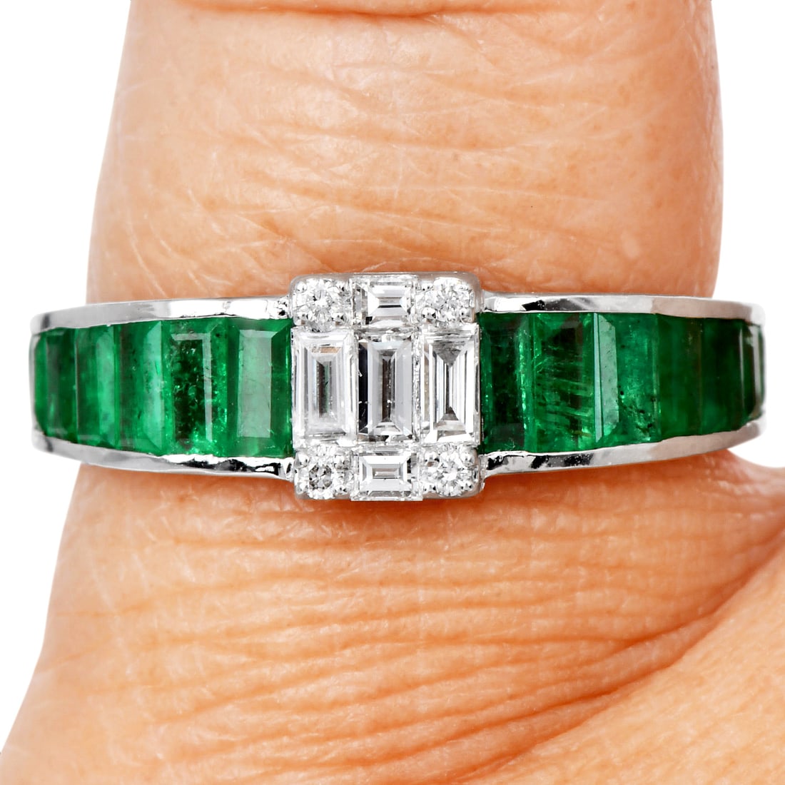 Emerald 1.63cttw Diamond 18K White Gold Band Ring: Emerald 1.63cttw Diamond 18K White Gold Band Ring A refined and elegant band ring crafted in rich 18K yellow gold, featuring a vibrant row of natural emeralds