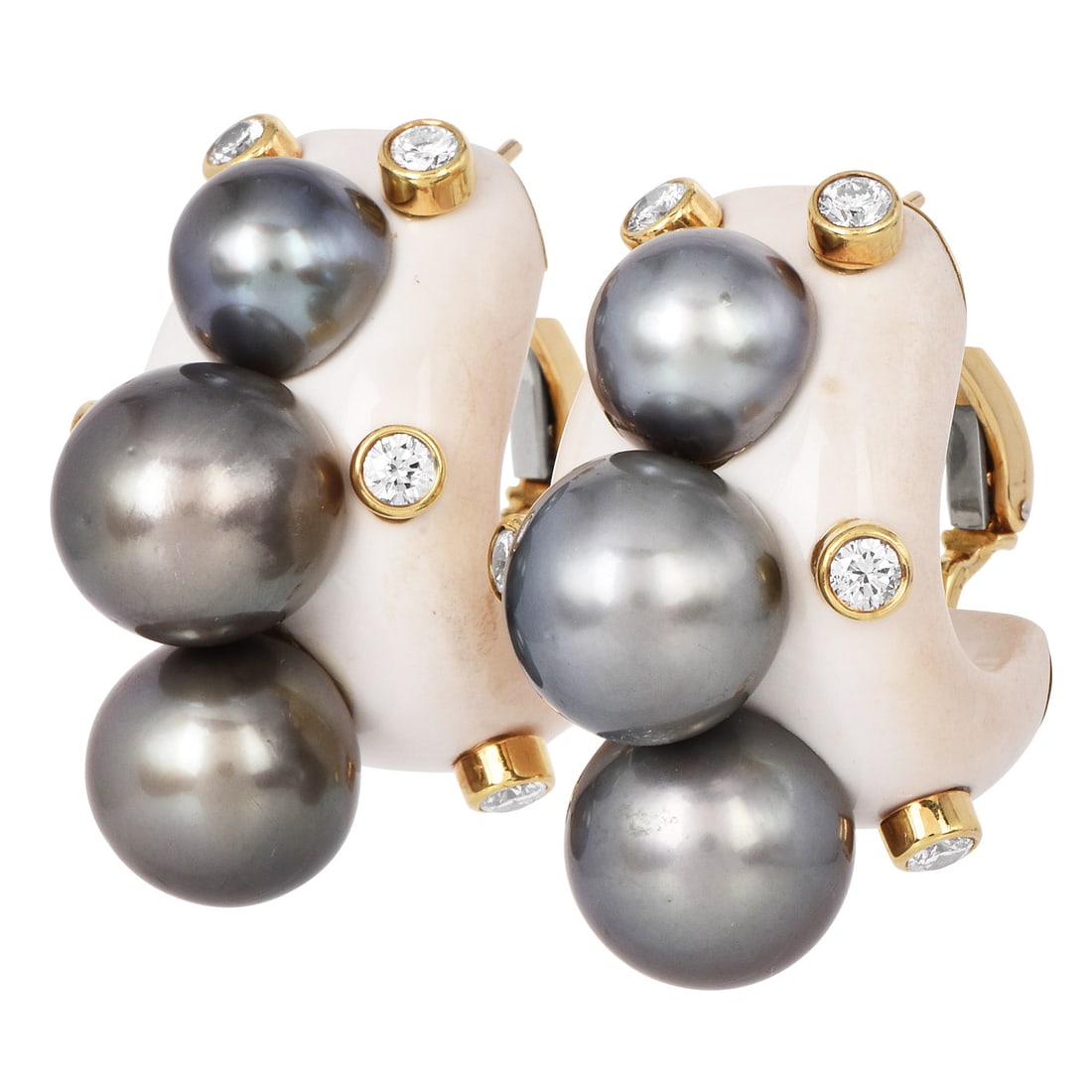 Trianon South Sea Pearl 1.50ct Diamond Agate 18K Yellow Gold Earrings 48 Grams: Trianon South Sea Pearl Diamond Agate 18K Yellow Gold Earrings These exquisite earrings by Trianon showcase a luxurious blend of natural materials and refined craftsmanship. Craf