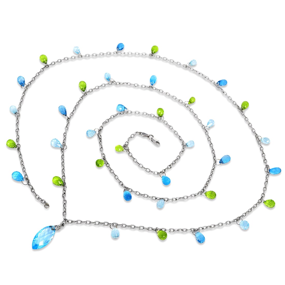 Briolette Topaz & Peridot 14K White Gold 40" Chain Necklace 26.2 Grams: Briolette Topaz & Peridot 14K White Gold Chain Necklace This elegant and versatile necklace is crafted in polished 14K white gold and adorned with natural briolette-cut topaz and peridot gemstone