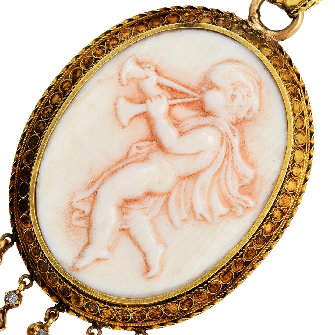 Antique Bone Angel Cameo 0.30ct Rose Cut Diamond Yellow Gold Fringe Pendant: Bone Angel Cameo 0.30ct Rose Cut Diamond Yellow Gold Pendant A beautifully detailed vintage pendant featuring a finely carved angel cameo crafted from natural